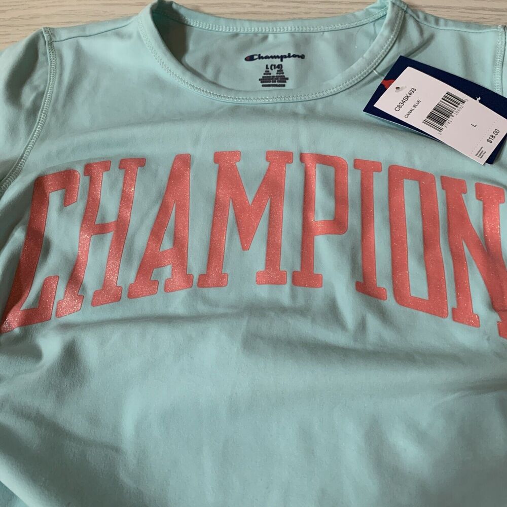 Champion Girls Small Short Sleeve Shirt Canal Blue Orange Sparkly‎ Decal - Picture 4 of 7